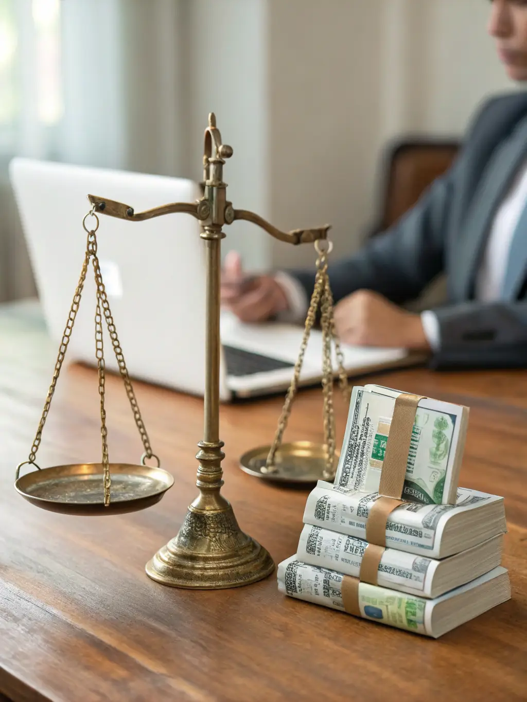 A balanced scale with money bags on one side and a house on the other, representing the balance between investment returns and financial security in value investing.