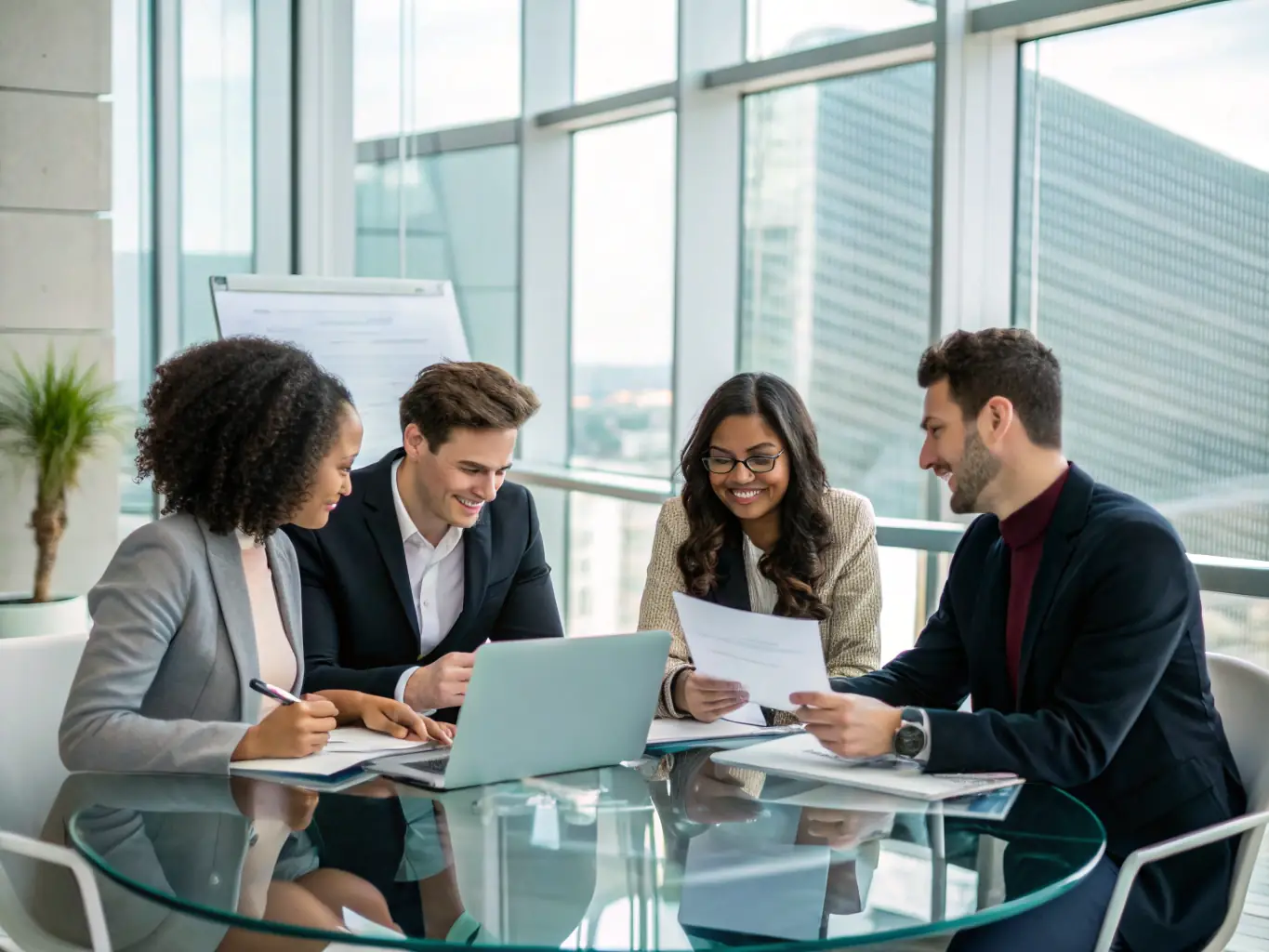 A diverse group of people collaborating on financial planning, representing community and shared investment knowledge.