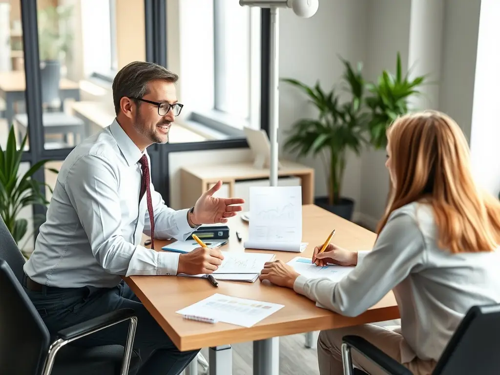 An image of a financial advisor discussing investment options with a client, with charts and graphs illustrating growth potential.