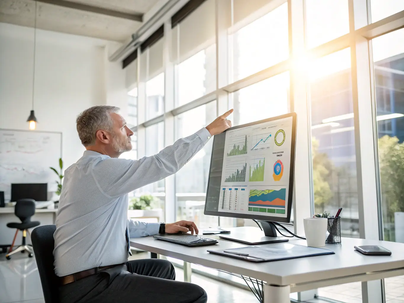 A professional investor is analyzing stock market data on a computer screen in a modern office setting. The image should convey expertise and strategic thinking.